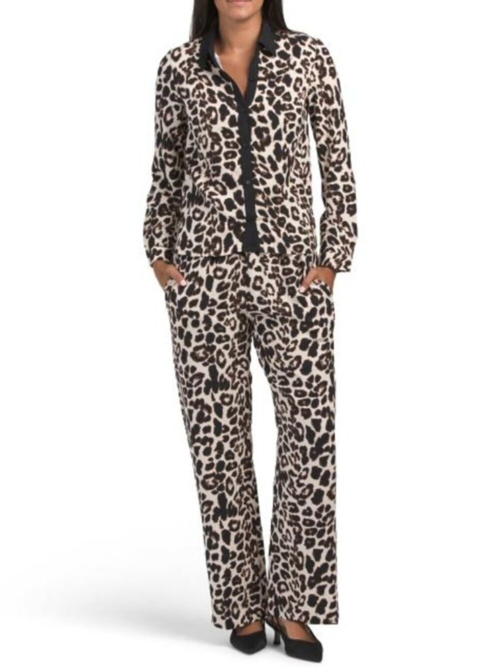 MONTEAU 2pc Long Sleeve Animal Print Shirt And Pants Set